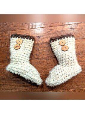 Handmade Wool Suede & Shearling Cream & Brown Crochet Baby Boots Sz 1-2 Years